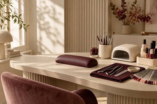 Mesa de trabajo de un estudio de uñas con esmaltes y herramientas