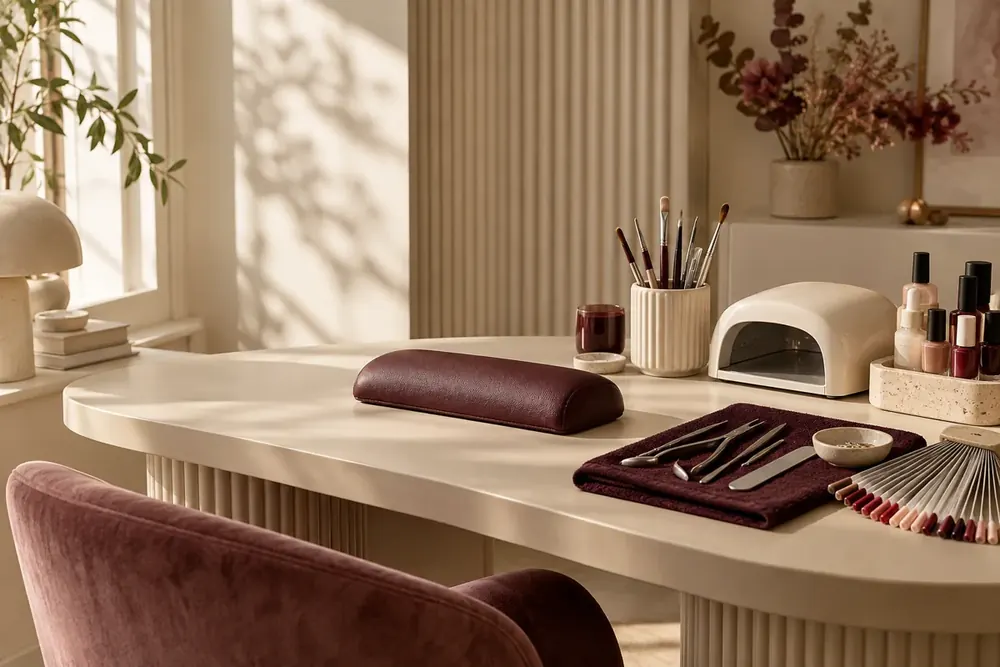 Mesa de trabajo de un estudio de uñas con esmaltes y herramientas